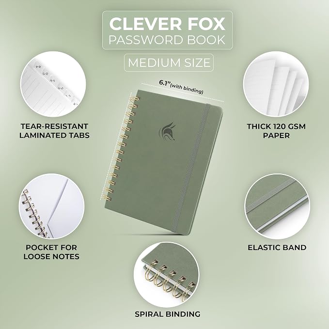 Clever Fox Password Book Spiral – Internet Address & Password Organizer - Image 2