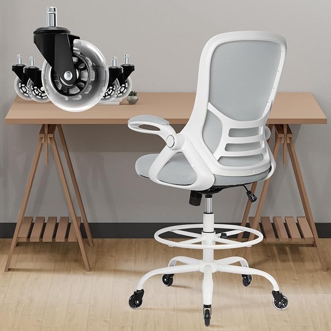 HYLONE Drafting Chair Tall Office, Ergonomic Standing Desk Stool Adjustable Drafting Chair Big Tall Drafting Office Chair White-DeskLoop Office