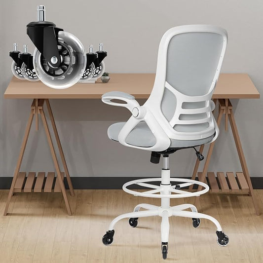 HYLONE Drafting Chair Tall Office, Ergonomic Standing Desk Stool Adjustable Drafting Chair Big Tall Drafting Office Chair White-DeskLoop Office
