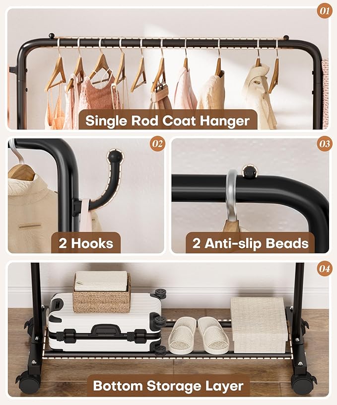 Homde Heavy Duty Clothes Rack: 120lb Standing Garment Storage for Indoor - Rolling Hanging Rod for Bedroom Laundry Room - Coat Dress Organizer on Wheels with luggage shelf (Black，32")-DeskLoop Office
