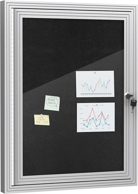 26"x20" Enclosed Bulletin Board, Outdoor Lockable Weather-Resistant Aluminum Cork Noticeboard for School & Office, Silver Frame w/Black Flet-DeskLoop Office