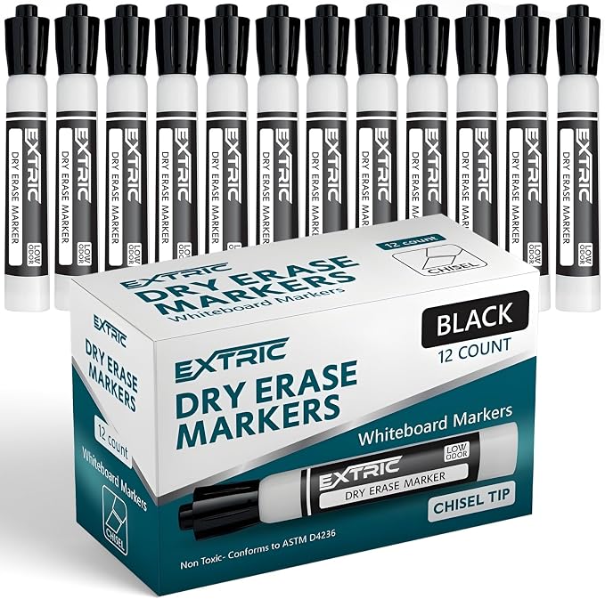 EXTRIC Black Dry Erase Markers 12 PK Whiteboard Marker Chisel Tip | Use: by EXTRIC