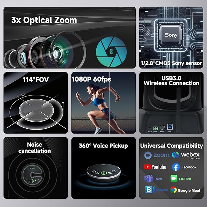 5.8GHz Wireless Conference Room Camera System | 3X 60fps PTZ Camera with Bluetooth Microphone, 50ft Range, Compatible with Zoom, OBS - Easy Setup for Worship and Online Meetings-DeskLoop Office