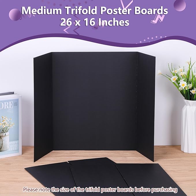 3 Pack Medium Trifold Poster Board 26" x 16" Tri Fold Poster Boards Black Corrugated Cardboard Project Boards for Presentations, School Projects, Science Fair, Exhibition Event Display-DeskLoop Office