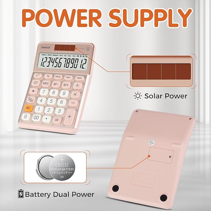 Pendancy Office Small Calculator Desktop with Tax+/- for Tax Calculation, 12 Digit Large LCD Display, Solar Battery Power, Durable Portable Design, Financial Accounting Business Home Use(OS-200T-Pink)-DeskLoop Office