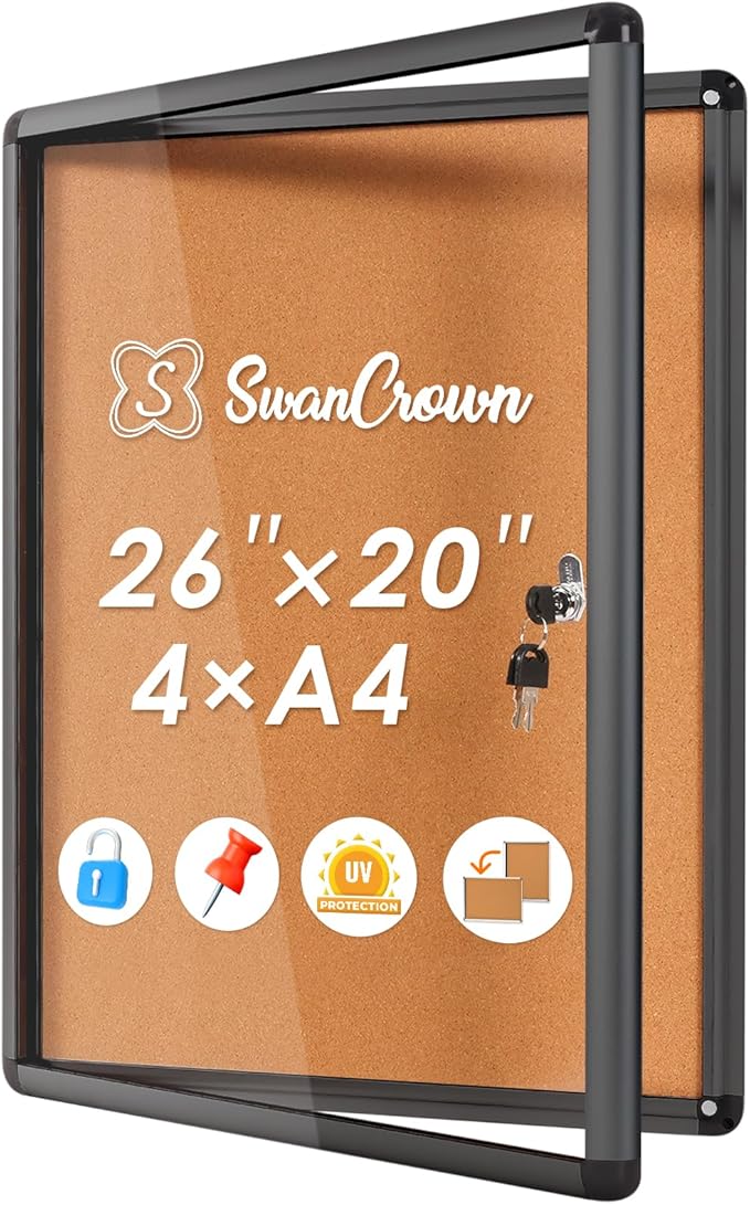 SWANCROWN Lockable Bulletin Board Notice Pin Cork Boards Tamper Proof Message Board for Photos Memos,26x20inch (4xA4)-DeskLoop Office