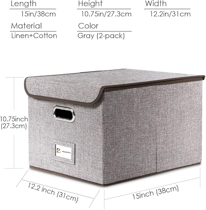 PRANDOM File Organizer Box - Set of 2 Collapsible Decorative Linen Filing Storage Hanging File Folders with Lids Office Cabinet Letter Size (15x12.2x10.75 inch)-DeskLoop Office