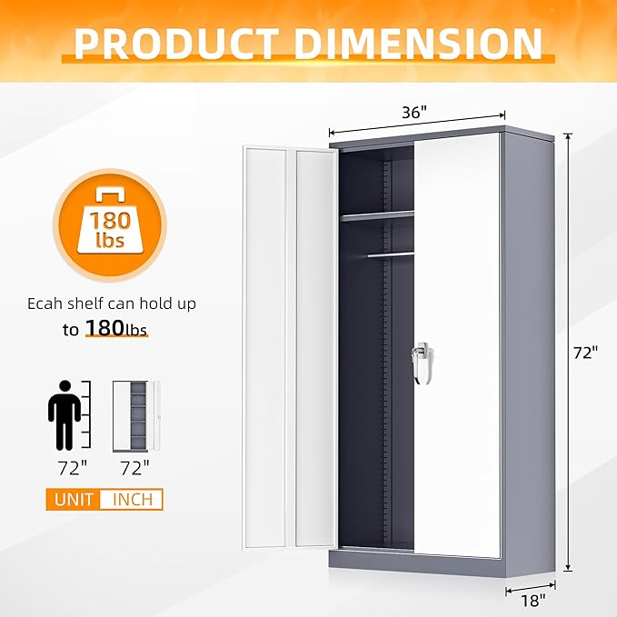 INTERGREAT Metal Storage Cabinet,72 Tall Armoire Wardrobe Closet with Doors,Grey White Storage Locker Cabinets with Adjustable Shelves and Removable Hanging Rods-DeskLoop Office