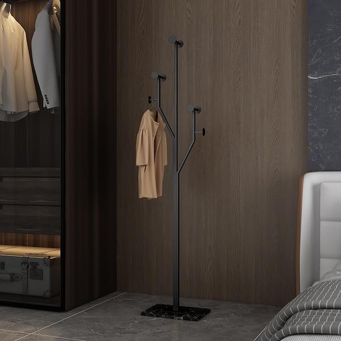 Freestanding Coat Rack Tree-shaped Metal Coat Tree with Heavy Duty Marble Base Corner Clothing Rack for Bedroom Entryway Hallway 14.96 x 10.24 x 68.9 Inches (Black)-DeskLoop Office