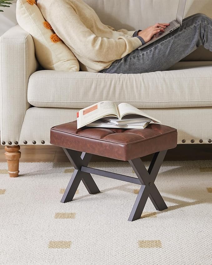 IBUYKE Small 12" H Footrest Stool, Square PU Foot Stool with Metal X-Leg, Multi-Use as Small Side Table, Step Stool for Living Room, Bedroom, Entryway, Office, Dark Brown WBD012Z-DeskLoop Office