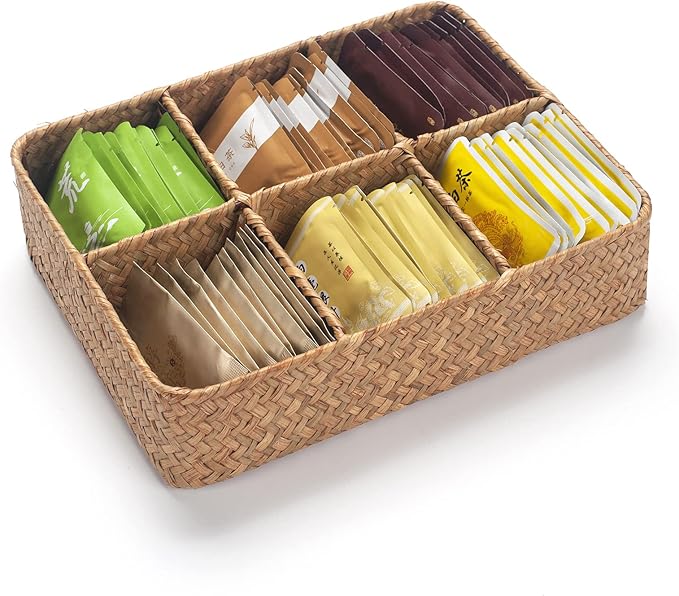 Tea Bag/Sugar Packet Holder, Coffee Station Condiment Organizer, Seagrass Storage Basket, Wicker Rattan Divided Basket Organizer for Drawer/Shelf/Countertop-DeskLoop Office