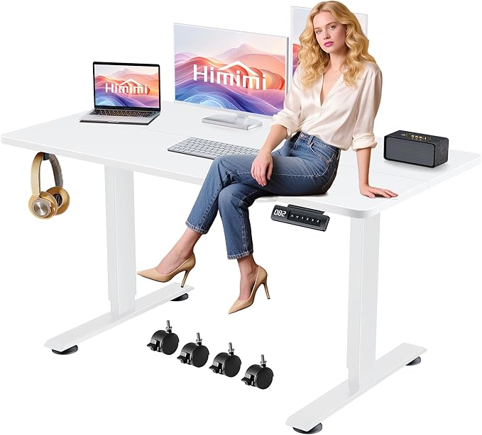 Himimi Electric Standing Desk 55 x 24 inch for Home Office,Sit-Stand Adjustable Desk with Memory Presets,Height Adjustable Desk for Gaming/Working,Free Hook, Lockable Wheels,Mouse Pad,White-DeskLoop Office