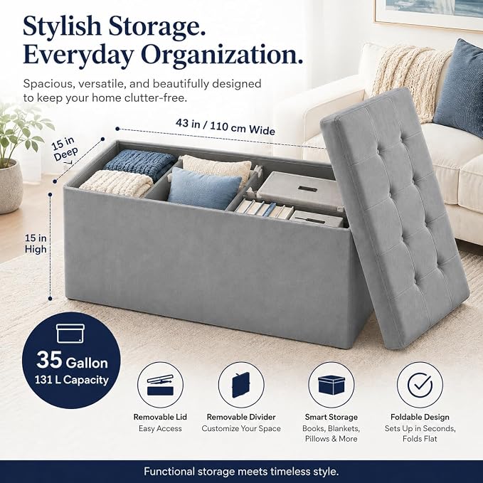 ALASDO 43 Inch Folding Storage Ottoman Bench - Image 5