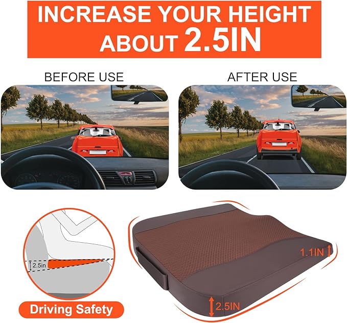 Car Seat Cushion, Comfort Memory Foam Car Cushions for Driving - Sciatica & Lower Back Pain Relief, Driver Seat Pillow for Auto, Office Chair, Wheelchair - Brown-DeskLoop Office