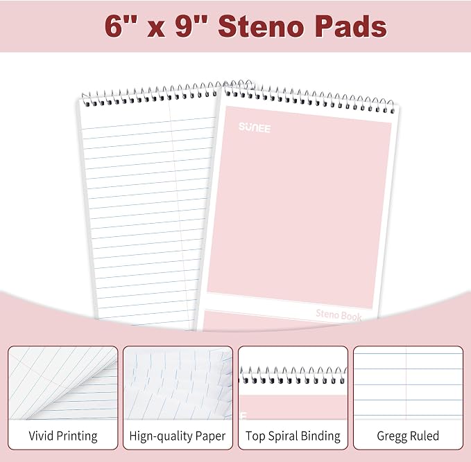 SUNEE 12 Pack Steno Pads 6x9 Inch, Gregg Rule, 60 Sheets, 6 Assorted Color Top - Image 5