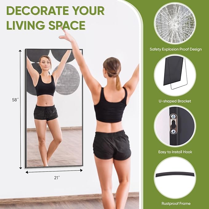Full-Length Floor Mirror with Stand, 58"x21" Rectangle Style Full Body Standing Mirror for Bedroom, Living Room, Gym, Dorm - Shatter-Resistant & Easy Assembly, Black-DeskLoop Office