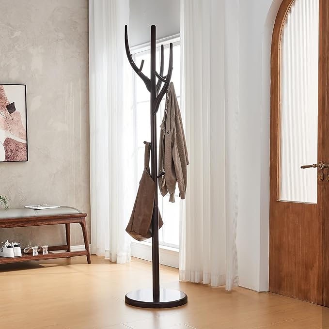 Uniclinens Coat Rack Freestanding Solid Wood Coat Tree Standing with 12 Hooks, Coat Rack Stand Creative Tree Branch-look (Dark Walnut)-DeskLoop Office