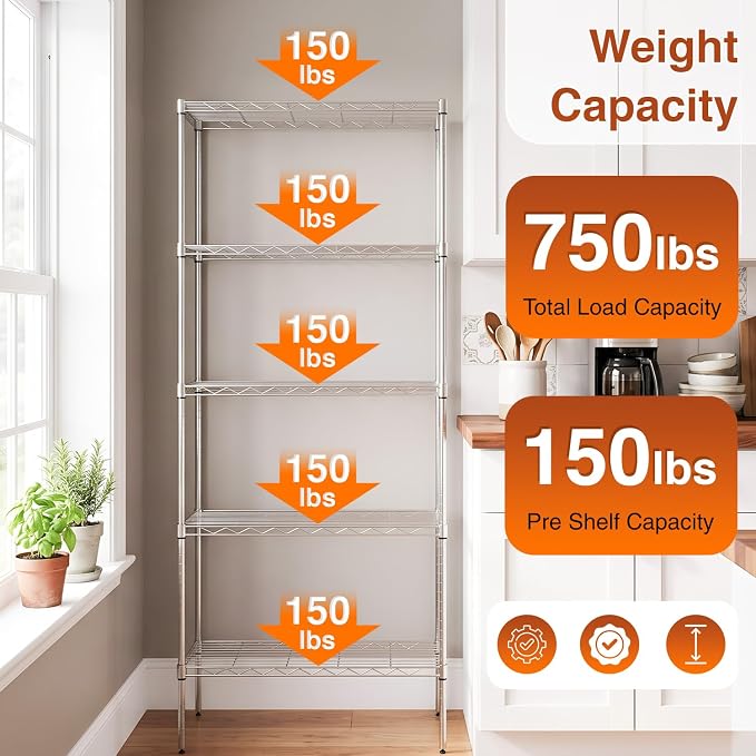 BestOffice | 5-Tier Wire Storage Shelves | 14x24x60 | Chrome | Heavy-Duty Metal - Image 5