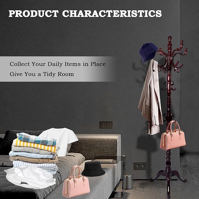 Coat Racks FreeStanding with 14 Hooks, Natural Wood Coat Rack with Solid Round Base, Adjustable Height Coat Racks, Easy Assembly for Hallway, Bedroom and Office (Reddish brown-Tri-Legged Base)-DeskLoop Office