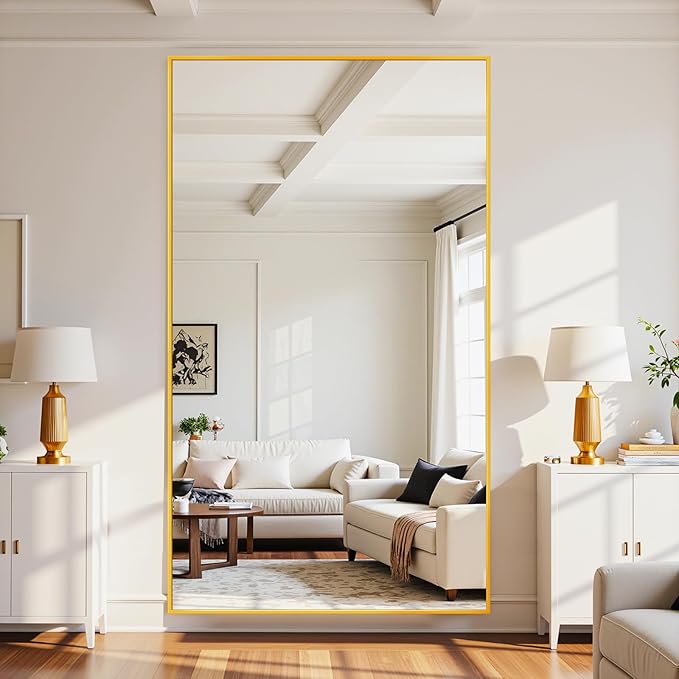 Full Length Mirror, 86"x46" Oversized Floor Mirror Freestanding, Full Body Mirror Floor Standing Mirrors with Stand, Hanging Mounted Mirrors for Bedroom Living Room, Gold, Rect Style-DeskLoop Office