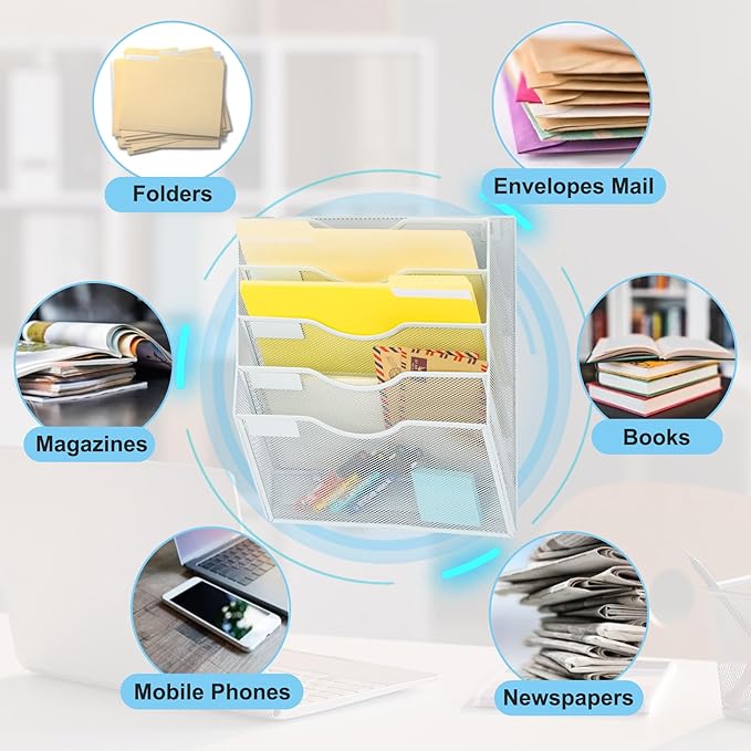 EASEPRES Magnetic 5 Pocket Mesh Hanging File Organizer, Wall Mounted Mail Paper Document Folder Holder, Clipboard Storage Organization Magazine Rack with Nametag Label for Office Home School, White-DeskLoop Office