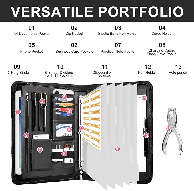 Leathario Portfolio Binder, Includes 5 Folder Index Dividers, 1 Hole Punch - Image 6