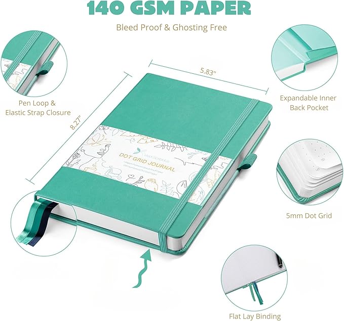 Dotted Journal – 140gsm Bleed Proof Thick White Paper – 200 Numbered Dot Grid Notebook Pages – Lay Flat Binding a5 Dotted Notebook with 3 satin Bookmarks and Expandable Back Pocket-DeskLoop Office