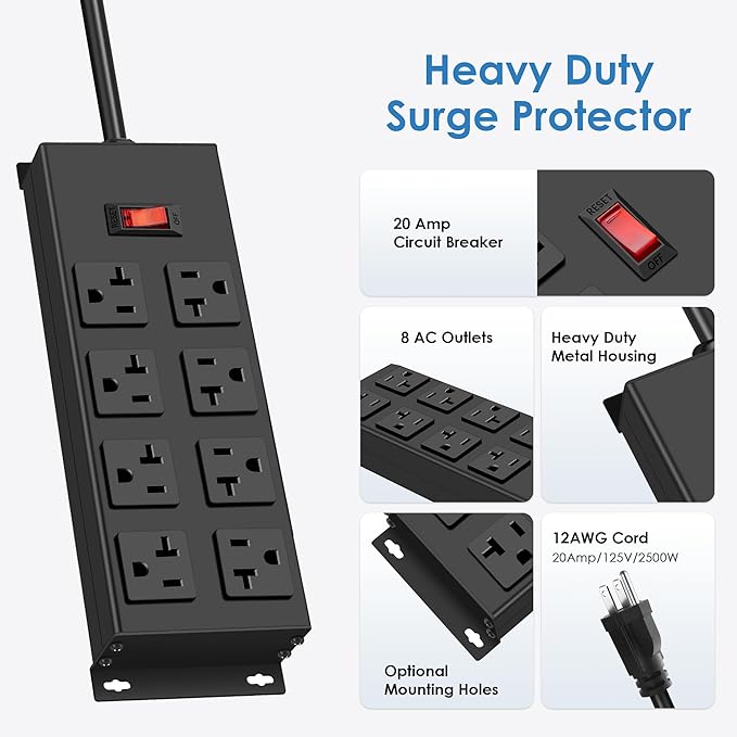 JUNNUJ Heavy Duty 20 Amp Power Strip, Garage 8 Outlets Metal 12 Gauge Surge Protector 3000J, High Amp 5-15P Adapter Shop 6-20R T-Slot Industrial Outlets (8AC, 6FT)-DeskLoop Office