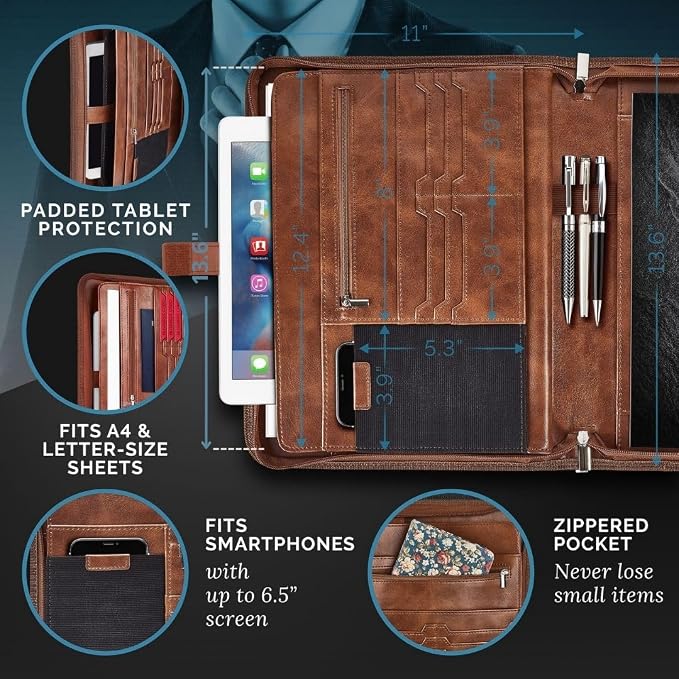 NERO MANETTI- Zippered Vegan Leather Padfolio/Portfolio Pad Holder-Business PU - Image 3