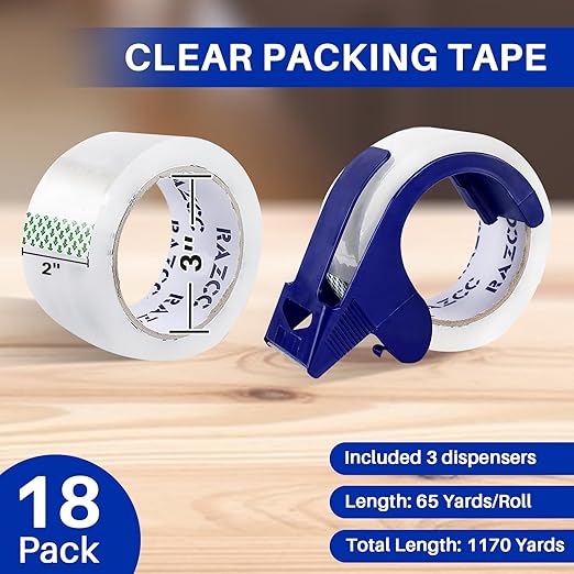 Clear Packing Tape, 18 Rolls Heavy Duty Packaging Tape with Dispensers for Packing Shipping Moving and Sealing, Thicker Packing Tape-2" x 65 Yards Per Roll, 1170 Total Yards-DeskLoop Office