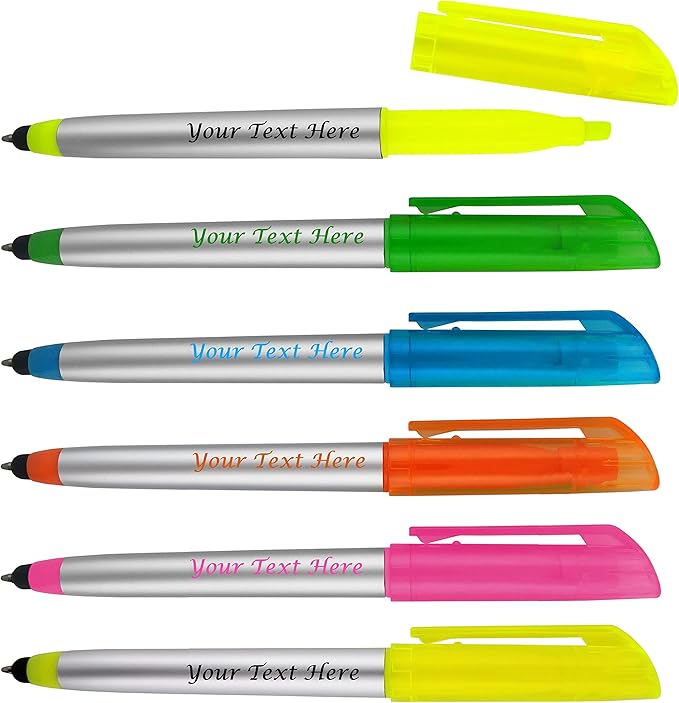 Personalized Pens with Highlighter and Stylus -175 Pack Bulk-Free Imprint - 3 In Highlighter, Ballpoint Pen, and Stylus Combo- add Custom Business Name, Logo or Gift Message- Assorted, Colored Imprint-DeskLoop Office
