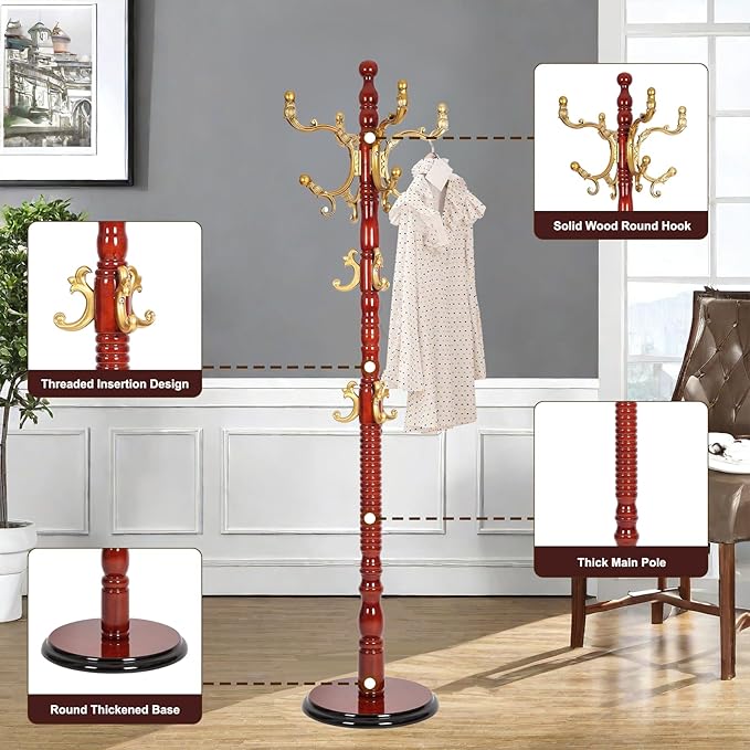 Solid Wood Coat Rack – 73" Freestanding Coat Racks Stand with 14 Hooks & Stable Base, Adjustable Height Modern Wooden Hall Tree for Entryway, Bedroom, Office, Home (Begonia Round)-DeskLoop Office