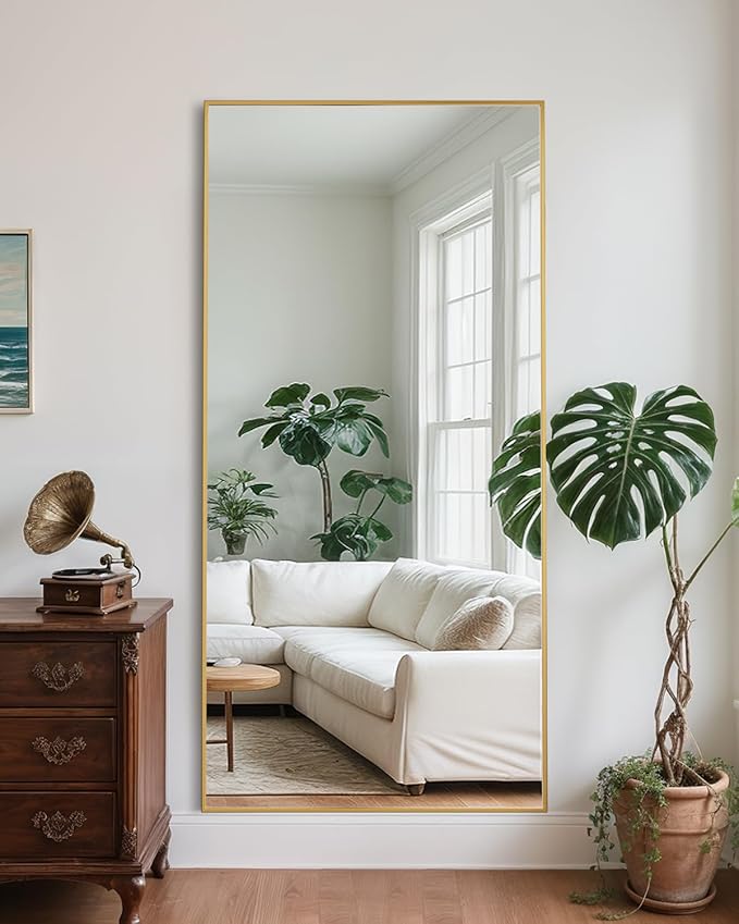 Full Length Mirror, 71"x28" Oversized Floor Mirror Freestanding, Full Body Mirror Floor Standing Mirrors with Stand, Hanging Mounted Mirrors for Bedroom Living Room, Gold, Rect Style-DeskLoop Office