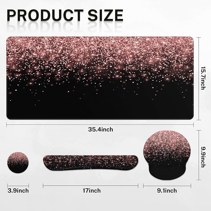 Britimes Rose Gold Pink Keyboard Mouse Pad Set Black Golden 4in1 Large - Image 2
