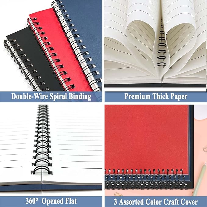 GINMLYDA 3Pack Small Spiral Notebook A5, 8.25x5.5” 120 Lined Pages Wide Ruled Spiral Journal Bulk Blank Kraft Cover Spiral Bound Notebook & Writing Pads for Home Office Meeting Work Note Taking-DeskLoop Office