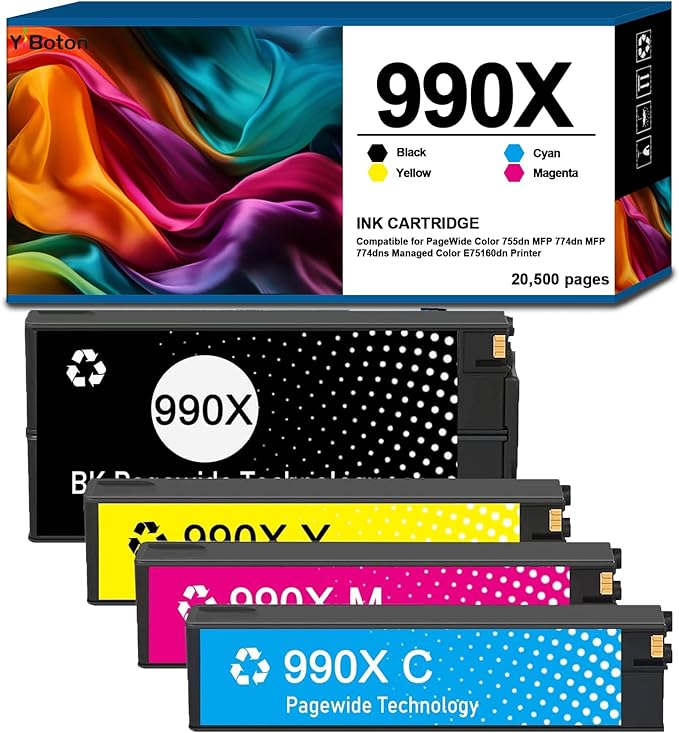 High Yield 990X 990 990XC Ink Cartridges Compatible with HP PageWide Color 755dn MFP 774dn MFP 774dns Managed Color E75160dn Printer Ink (Black,Cyan,Magenta,Yellow)-DeskLoop Office