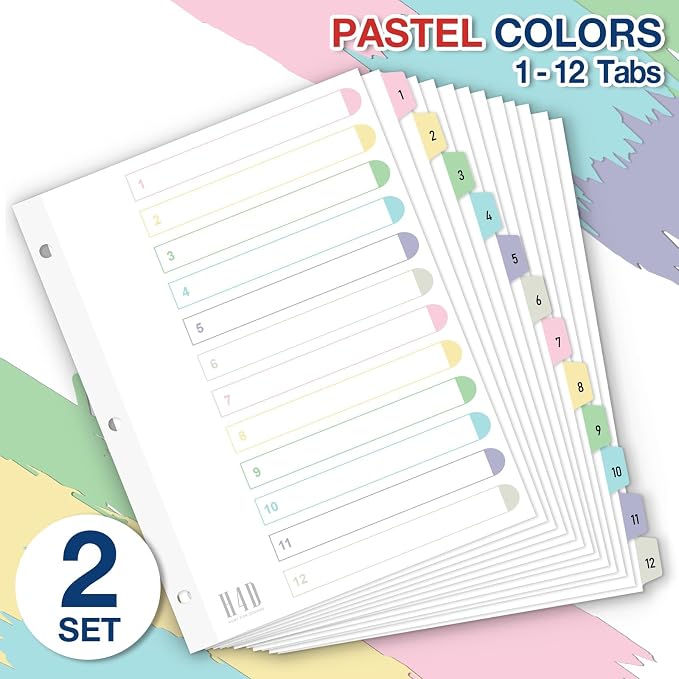 H4D 12 Tab Dividers for 3-Ring Binder, Numbered 1-12 Multicolor Tabs - Image 2