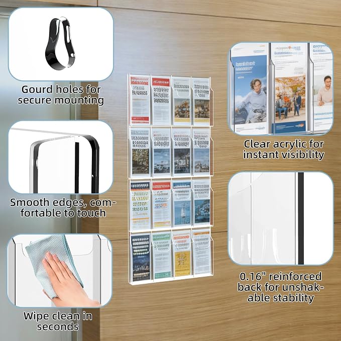 Acrylic Brochure Pamphlet Holder, 16 Pamphlet Holders, Trifold Flyer Rack - Image 3