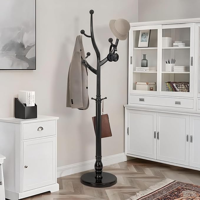 Wood Coat Rack Coat Tree Freestanding with Hooks, Heavy Duty Standing Coat Rack with Solid Round Base, 74” Tree Shaped Coat Hanger Stand for Clothes, Hat, Jacket, Entryway Bedroom, Balck-DeskLoop Office