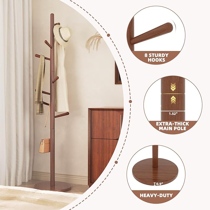 Uniclinens Coat Rack Freestanding Solid Wood Coat Tree Standing with 8 Hooks, Coat Rack Stand Creative Tree Branch-Look (Walnut)-DeskLoop Office