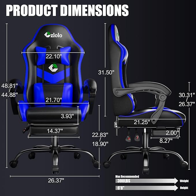Gaming Chair, Ergonomic Office Computer Chair with Footrest and Lumbar Support Massager Racing Style High Back Video Gamer Chair, Wide＆Thick Cushion, 90°-135° Recline, Adjustable Height, Blue-DeskLoop Office
