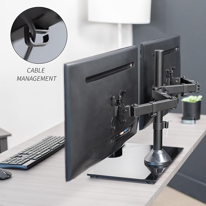 VIVO Freestanding Dual Monitor Stand with Sleek Glass Base and Adjustable Arms, Mounts 2 Screens up to 32 inch and 22 lbs Each, Black, STAND-V002FG-DeskLoop Office