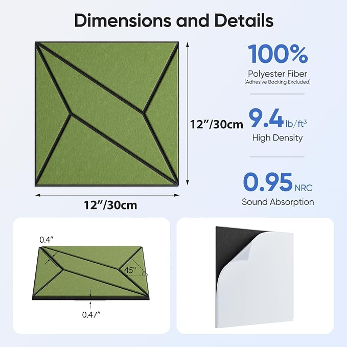 UNECHO 12 Pack 12" X 12" X 0.47" Acoustic Panels - Image 3