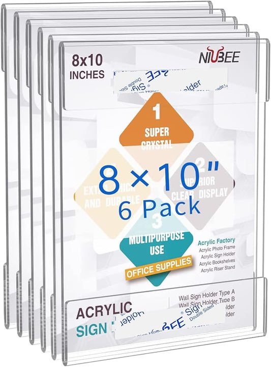 Niubee 8x10 Wall Mount Acrylic Sign Holder with Double Sided Adhesive Tape for Office, Home, Store, Restaurant, No Drilling - Vertical-DeskLoop Office