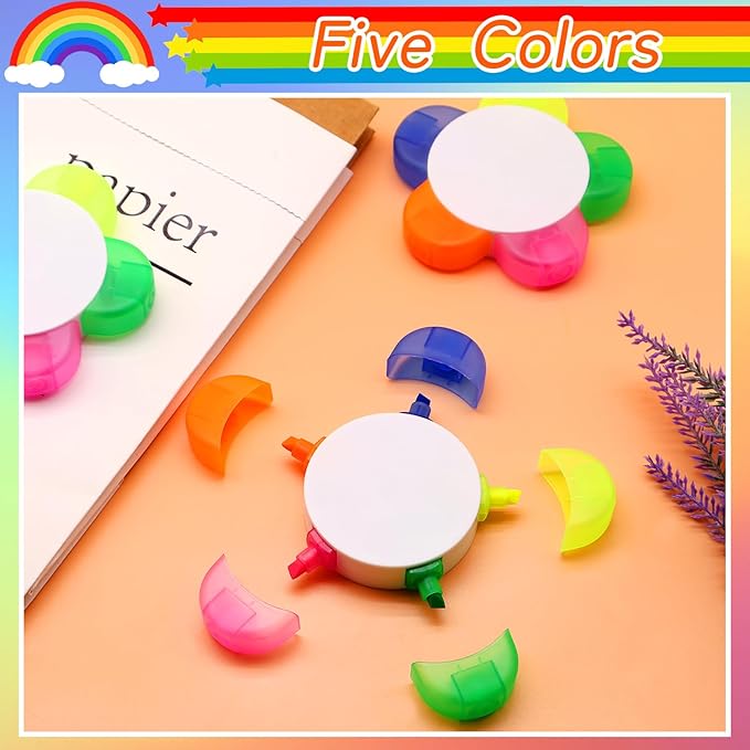 Petal Highlighters 8 PCS Multicolor Highlighter Pens with 5 Vibrant Colors 5 in 1,Flower Shape Fluorescent Pens, Portable & Smooth Writing for School Office Stationery Supplies-DeskLoop Office
