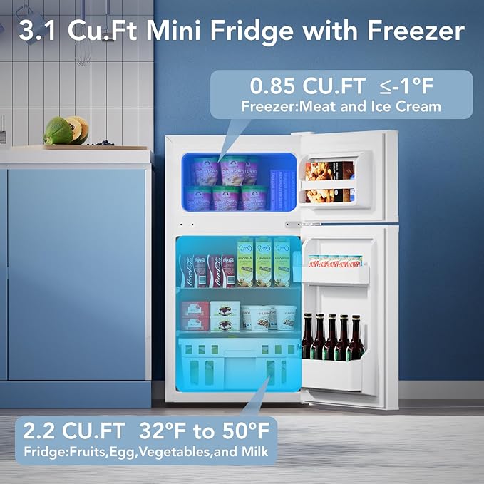 3.1 Cu.Ft Small Fridge with Freezer, Compact Refrigerator with 2 Doors, Mini Fridge with Adjustable Removable Glass Shelves for Bedroom, Dorm, Office or Apartment,White-DeskLoop Office