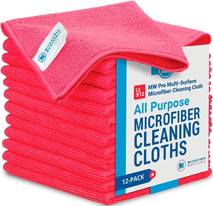 12" x 12" MW Pro Multi-Surface Microfiber Cleaning Cloths | Red - 12 Pack | Premium Microfiber Towels for Cleaning Glass, Kitchens, Bathrooms, Automotive, Supplies & Products-DeskLoop Office