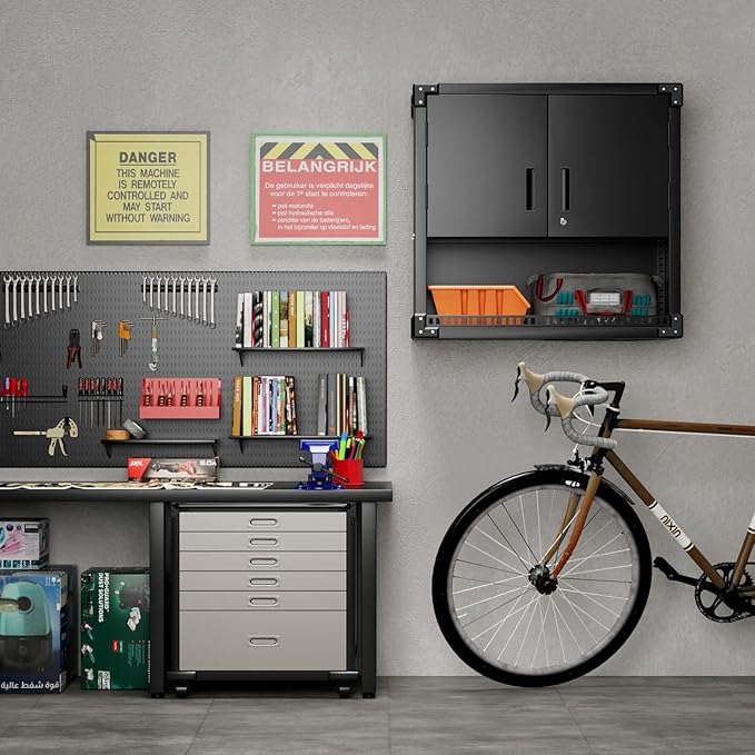 INTERGREAT Metal Wall Storage Cabinet with Locking Door and Adjustable Shelves, 31" Black Wall-Mounted Tool Cabinet for Garage,Warehouse,Office,Basement-DeskLoop Office