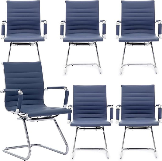 Office Desk Chair No Wheels Set of 6 PU Leather Computer Chairs Mid Back Guest Chairs for School Reception Conference Waiting Room, Navy Blue-DeskLoop Office