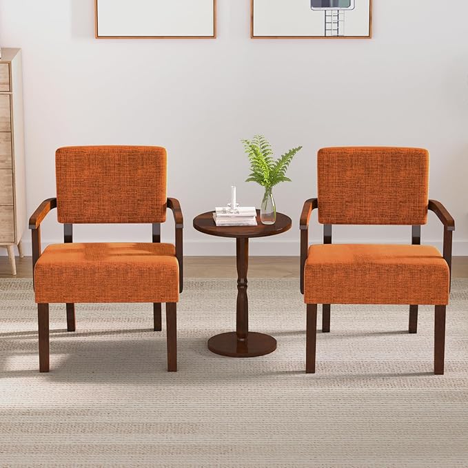 Accent Chair Set of 2 with Table, Living Room Chairs with Soft Seat and Armrests for Living Room Bedroom Reading Room Waiting Room (Orange), Linen, AC01-DeskLoop Office